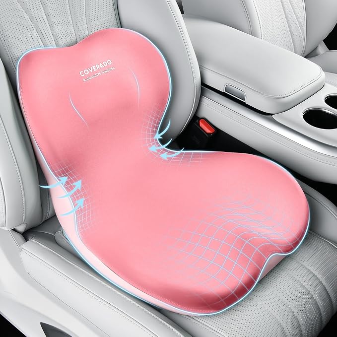 Coverado Car Seat Cushion and Lumbar Support Pillow One Piece, Memory Foam Ergonomic Back Support Driving Seat Cushion for Back Pain, Non-Slip Washable Cushion for Car, Driver, Office by COVERADOAUTO