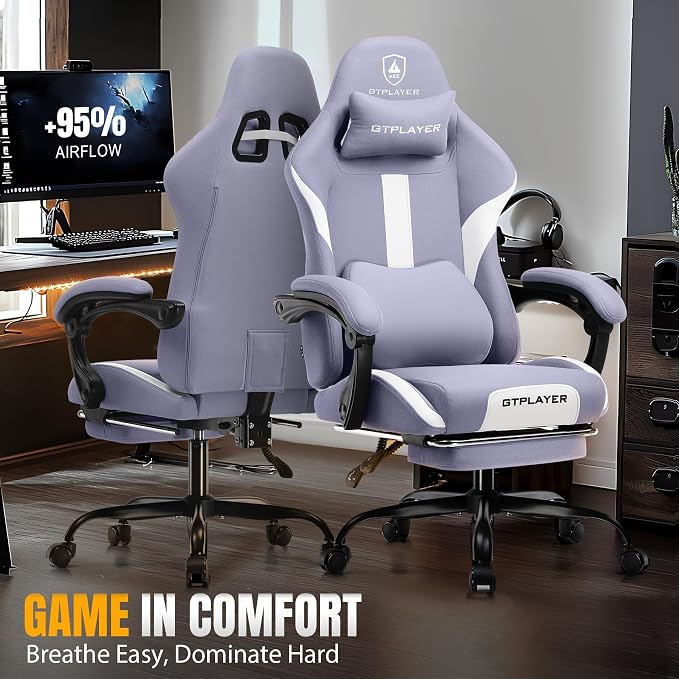 GTPLAYER Gaming Chair with Foot Rest & Pocket Spring Cushion, Ergonomic High Back Computer Desk Chair with Headrest & Lumbar Support for Back Pain Relief, Breathable Fabric, Purple - Image 8