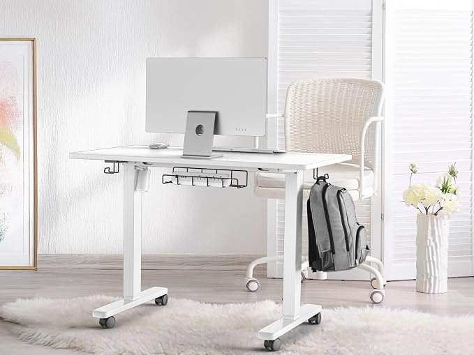 SHW Mobile Electric Height Adjustable Standing Desk w/Drawer, White | 40" Wide Top | w/ Memory Presets and Cable Management | Drawer with adjustable compartments | Hanging Hooks - Image 2