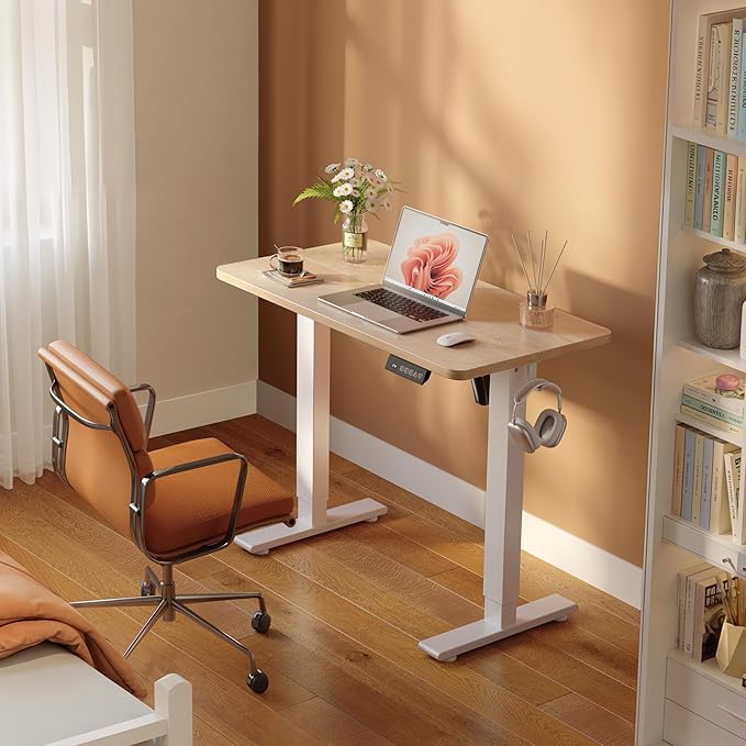 Cubiker Standing Desk, 32" Small Sit Stand Home Office Desk, Electric Stand up Desk, Adjustable Desk with Splice Board, White Frame/Maple Top - Image 2