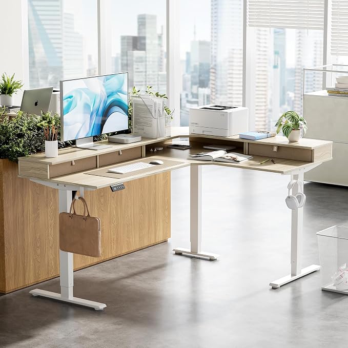 CubiCubi 63x48 Inches L Shaped Standing Desk with 3 Drawers and Monitor Shelf, Height Adjustable Corner Computer Desk with Hooks, Sit Stand Up Ergonomic Home Office Workstation Table, Light Walnut - Image 2