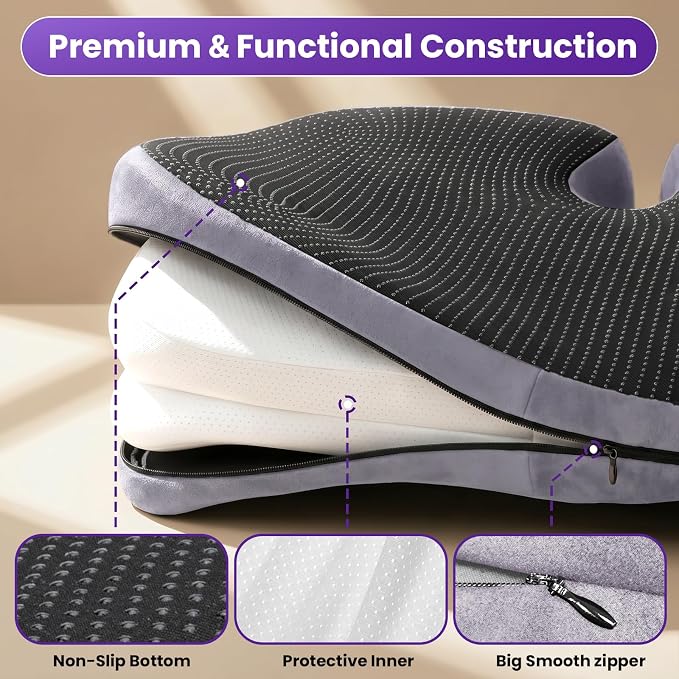 ZZ-WELL Seat Cushions for Office Chairs, Coccyx Cushion for Tailbone Pain, Memory Foam Butt Pillows for Computer Gaming Chair, Patented Pressure Relief Design Chair Cushion (Light Grey, XX-Large) - Image 7