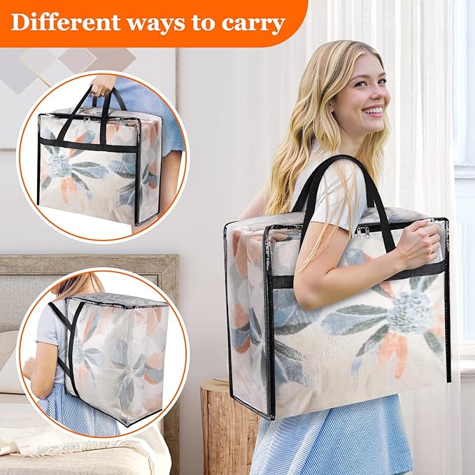 TasticTotes 4 Pack Clear Storage Bags for Comforter, Clothes & Bedding, 40L | Plastic Blanket Storage with Zipper & Handle, Foldable Moving Bags, Closet Organizer and Under-Bed Storage Containers - Image 4
