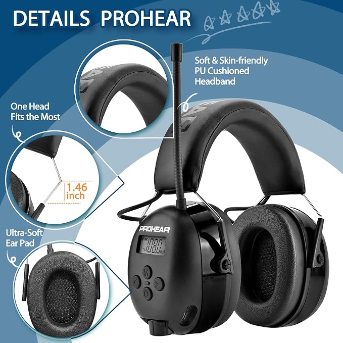 PROHEAR 033 2Pack Upgraded Bluetooth 5.4 Hearing Protection AM FM Radio Headphones, Noise Reduction Safety Earmuffs with Rechargeable 1500 mAH Battery, Ear Protector for Mowing Lawn Work, Black+Green - Image 5