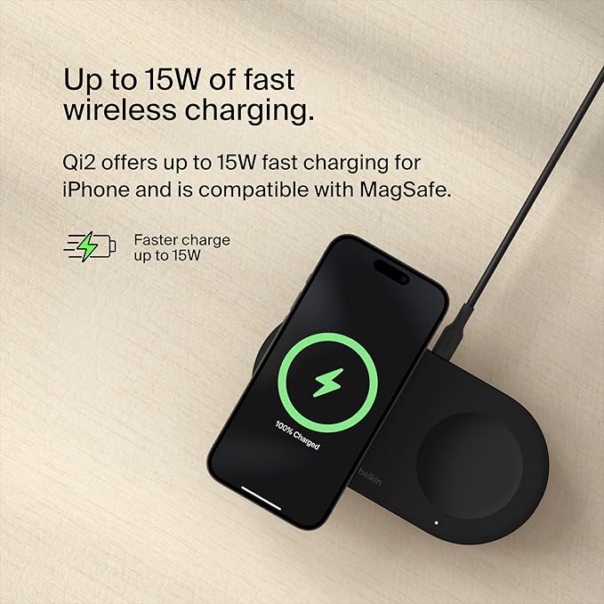 Belkin Qi2 15W 2 in 1 Wireless Charging Pad with USB-C Port | MagSafe compatible, iPhone 16/15 Series, Samsung Galaxy S25 Series, AirPods, extra USB-C port, Magnetic - Image 4