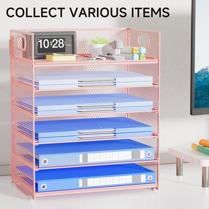 Pink Paper Organizer for Desk with Handle, 6-Tier | Metal Mesh File Organizer, Stackable Desktop Organizer for Office Supplies & Stationery Storage - Image 7