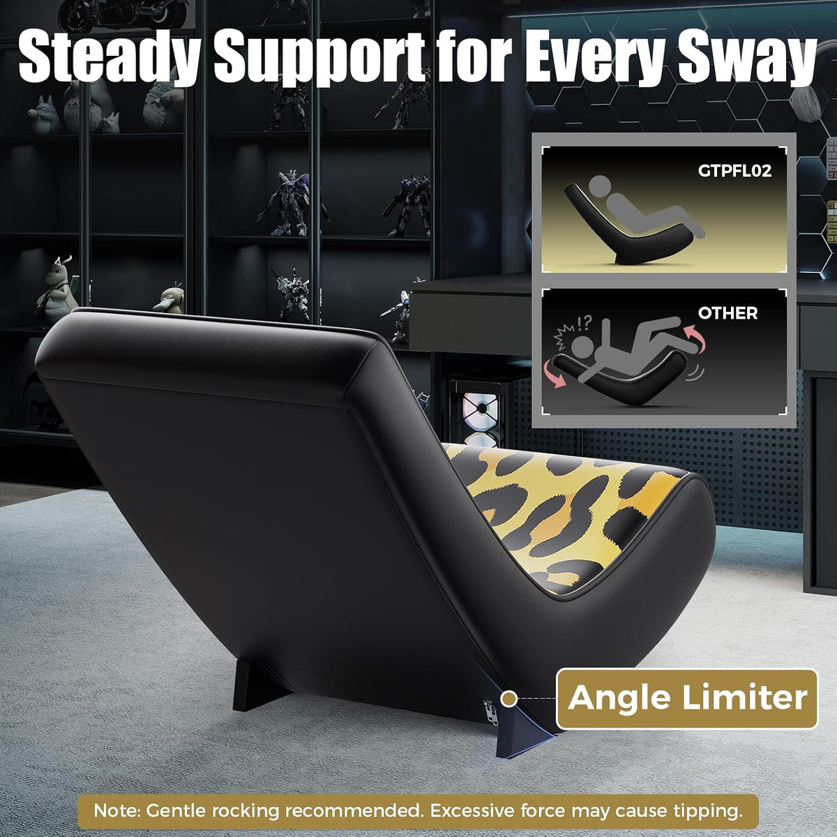 GTPLAYER Gaming Floor Rocking Chair – Rocker Floor Game Chair with Angle Limiter, Compact & Lightweight Game Seat, Yellow Leopard Patterned - Image 6