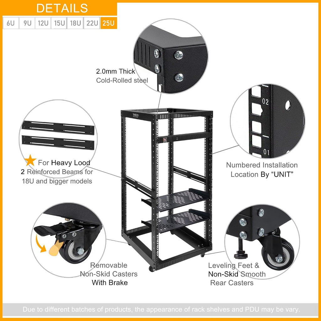25U Open Frame Server Rack with Wheels + PDU (8 Outlets) Power Strip Surge Protector (2pcs Rack Shelves +1 PDU, 25U) - Image 4