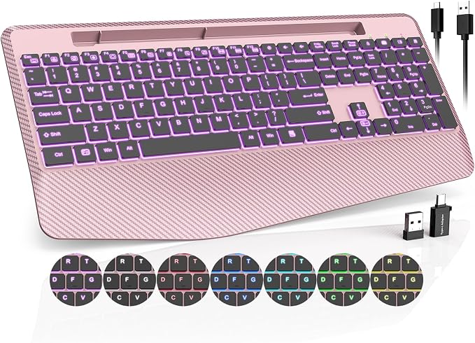 Wireless Keyboard, 7 Colored Backlits, Wrist Rest, Phone Holder-Rose gold | Rechargeable Ergonomic Computer Keyboard with Silent Keys, Full Size Lighted Keyboard for Windows, Mac, PC, Laptop by Trueque