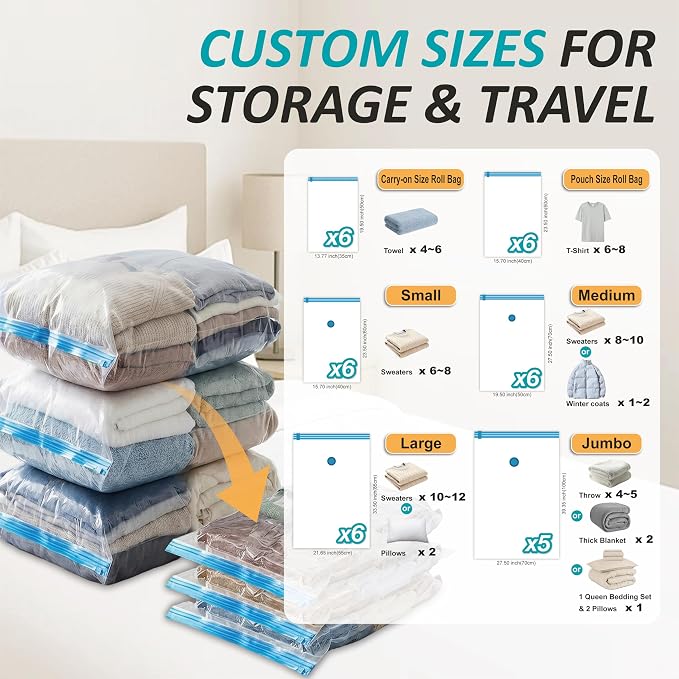 Vacuum Storage Bags with Hand Pump, Vacuum Seal Space Saver Bags,35 Combo | 80% Space-Saving Bags for Clothing, Blankets, Pillows, Bedding & Comforters; Multi-Size Variety Pack for Home & Travel - Image 3