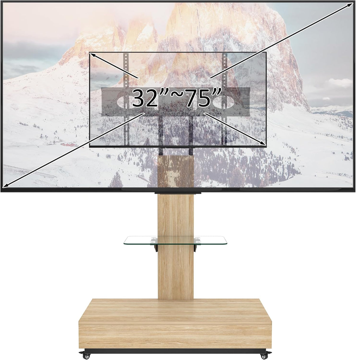 Swivel TV Stand for 32-75 inch TVs,Adjustable Height Mobile TV Cart, Wood & Glass TV Stand with Wheels & Storage for Living RoomBedroom,Offices - Image 3