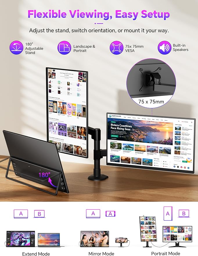 15.6" Portable Monitor Touchscreen, 1080P 10-Point Touch Portable Monitor | 1500:1 USB-C HDMI Travel Screen w/ Sleeve Bag & Speaker, 2nd External Display for Laptop Mac PC Phone Tablet, VESA Mountable - Image 7