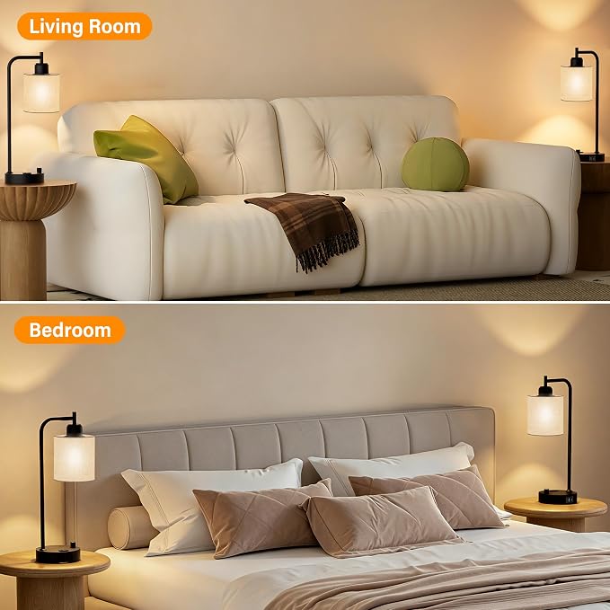 Industrial Table Lamps with Linen Shade, Set of 2 Fully Dimmable Bedside Lamps with USB A+C Ports and Outlet, Black Nightstand Desk Lamps for Bedrooms Living Room Office, 2 LED Bulbs Included - Image 8