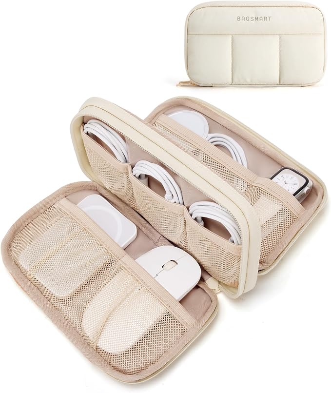 BAGSMART Electronics Organizer Travel Case for Cords Chargers Phones, Beige | Puffy Padded, Travel Essentials, Cord organizer bag for Cables, Compact Tech Accessories Pouch by BAGSMART