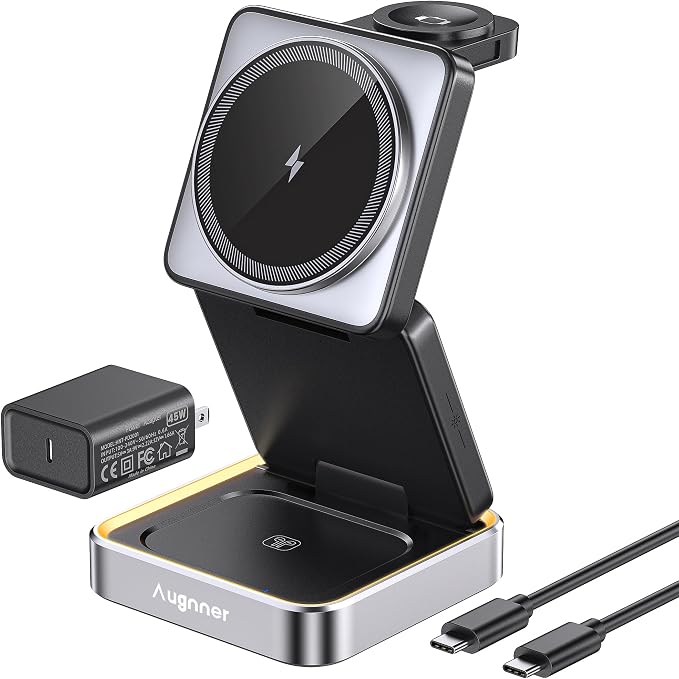 Augnner 25W 3-in-1 Charging Station for Apple Device, Black Foldable Magnetic Wireless Charger, Fast Travel Charging Stand for iPhone17/16/15/14/13/12 Series, AiWatch/AirPods by Augnner