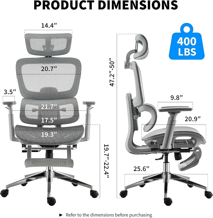 Mesh Ergonomic Office Chair with Footrest, Grey | High Back, Lumbar Support, Adjustable Headrest and Armrests, Gaming Chair,Home Office Desk Chair - Image 2