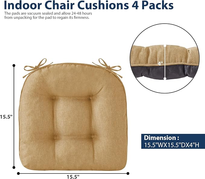 IASEAHK Chair Cushions for Dining Chairs, 15.5" x 15.5" x 4", Khaki | Set of 4, Tufted Foam, Non Slip, With Ties, Machine Washable,Seat Cushions for Indoor&Kitchen&Dining Room - Image 2