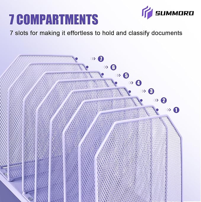SUMMORO Inclined File Organizer for Desk, 7-Section Vertical File Holder | Office Desk Organizer Metal Rack File Folder, Wire Mesh Desktop Document Sorter, for Office School Classroom Home (Purple) - Image 6