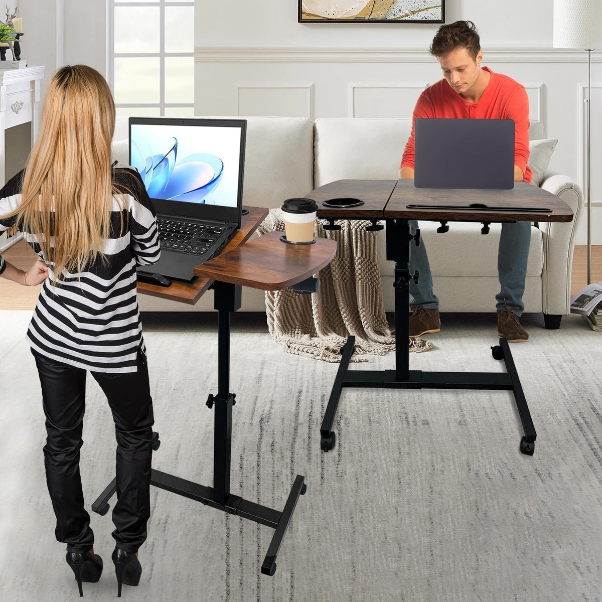 Medical Adjustable Overbed Bedside Table with Wheels & Cup Holder - Image 2