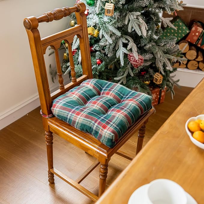 vctops Christmas Green Tartan Chair Cushions with Ties (Pattern G,16"x16") | Soft Comfortable U-Shaped Chair Pads Non Slip Seat Cushions for Indoor Dining Room and Kitchen Chairs - Image 2