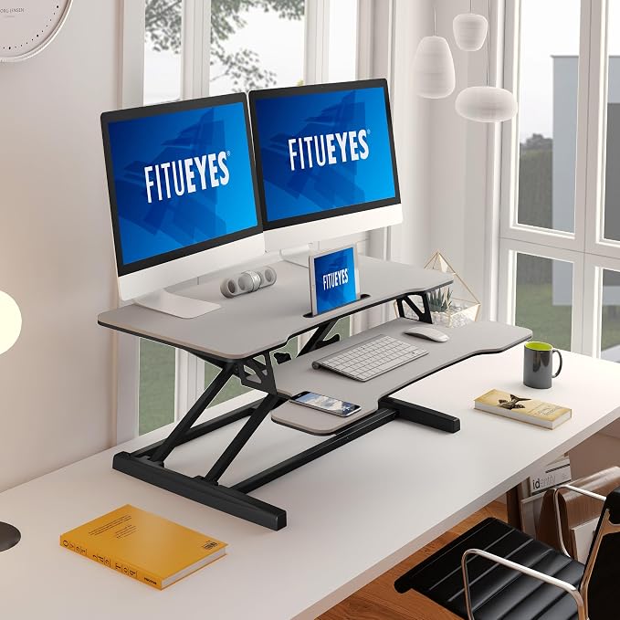 FITUEYES Height Adjustable Standing Desk 36” Wide Sit to Stand Converter Stand Up Desk Tabletop Workstation for Laptops Dual Monitor Riser White SD309103WW | Standing Desk Converter,Stand Up Desk Riser,for Laptop Dual Monitor Riser,Tabletop Workstation... - Image 6
