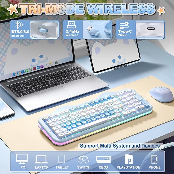 YUNZII C98 Cute Cake Wireless Mechanical Keyboard(Blue, Milk Switch) | 99 Keys with Number Pad, Hot Swap, PBT MOA Keycaps, BT5.0/2.4G/USB-C, Gasket Mount, Custom RGB Backlit for Win/Mac - Image 3