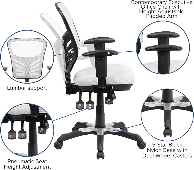 Flash Furniture Mid-Back White Mesh Multifunction Executive Swivel Ergonomic Office Chair with Adjustable Arms | Adjustable Armrests, 360° Swivel, Height Adjustable, Commercial Grade - Image 4