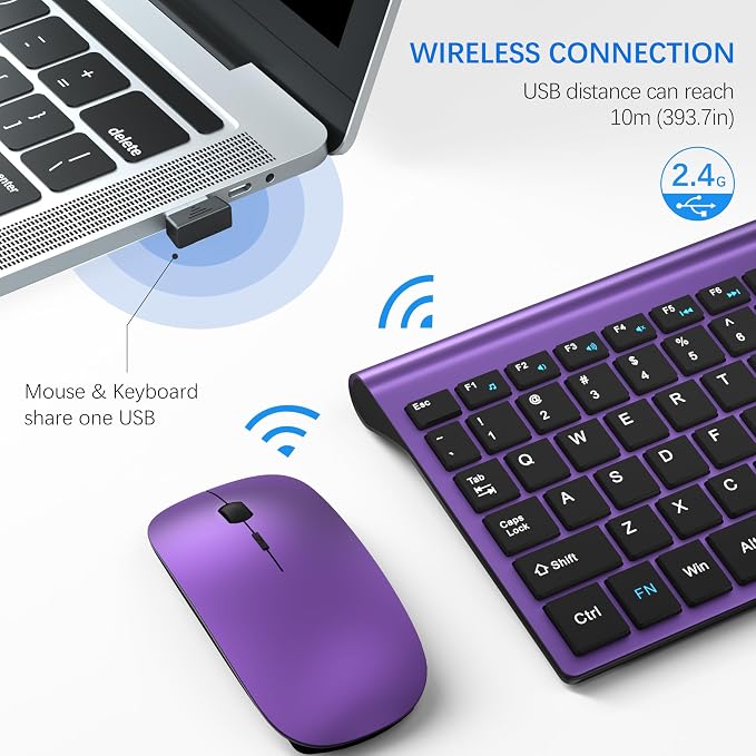 Wireless Keyboard and Mouse Ultra Slim Combo, TopMate - Purple Black | 2.4G Silent Compact 2400DPI Mouse and Scissor Switch Keyboard Set with Cover, Batteries Included, for PC/Laptop/Windows/Mac - Image 3