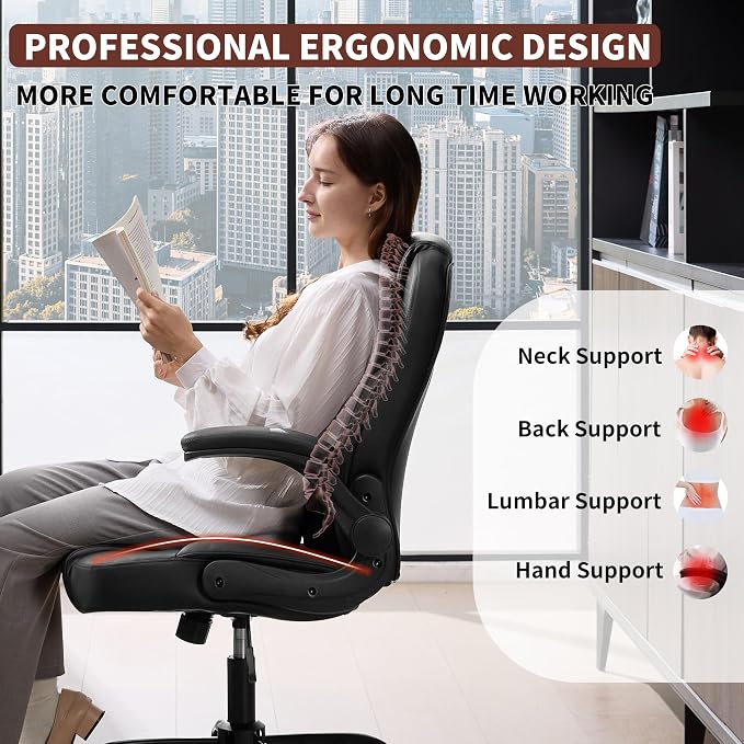 Leather Office Chair Swivel Lumbar Support for Short People Black | Executive Office Chair PU,Leather Office Chair with Wheels,360° Swivel Rolling Chair with Padded Arm,Ergonomic Computer Chair - Image 3