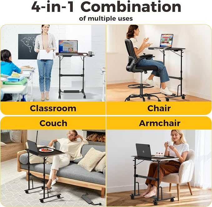 Foldable Standing & Rolling Desk, Upgraded Portable Desk on Wheels | Adjustable Height & Angle, Sturdy Mobile Table Workstation for Laptop with Footrest, Cup Holder, Edge Stopper & iPad Holder - Image 5