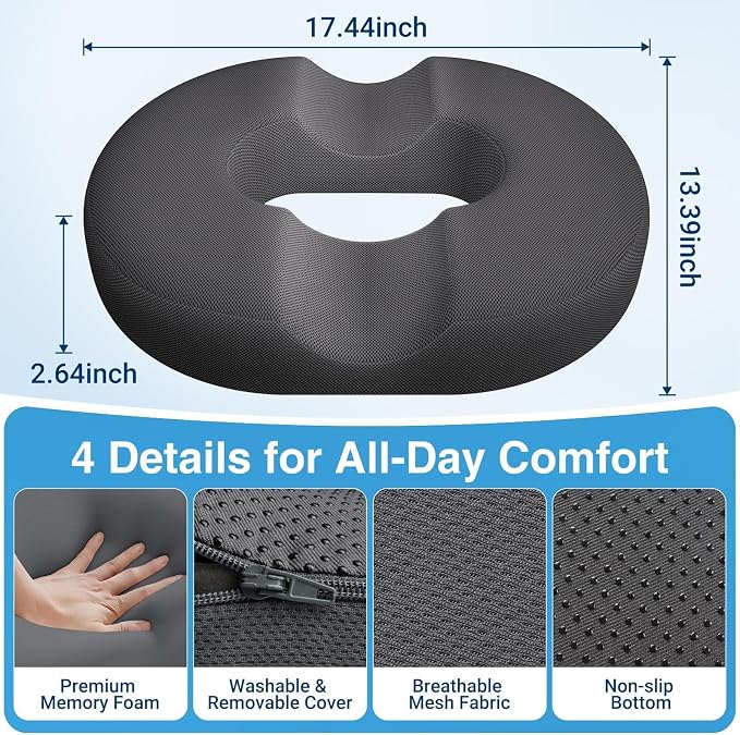 Donut Seat Cushion, Hemorrhoid Pillow, Office Chair Cushion, Gray, Large | Ergonomic Design, Breathable Cover, for Tailbone Pain, Hemorrhoids & Long Sitting Hours, for Home & Office, - Image 5