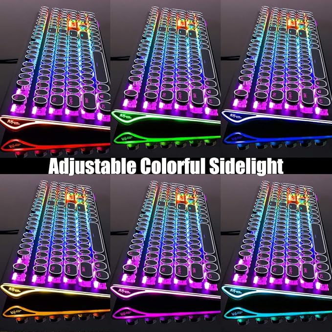 RK ROYAL KLUDGE S108 Typewriter Keyboard, Retro Mechanical Gaming Keyboard Wired 108 Keys with RGB Backlit Sidelight, Detachable Wrist Rest, Round Keycaps Blue Switches - Black - Image 7