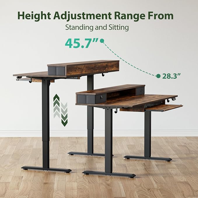 Agilestic 55 Inch Standing Desk with Drawers & Keyboard Tray, Rustic Brown | Electric Height Adjustable, 2 Storage Drawer, Monitor Stand, Sturdy Steel Frame, Memory Presets, Hooks, 154 lbs, Splice Board - Image 9