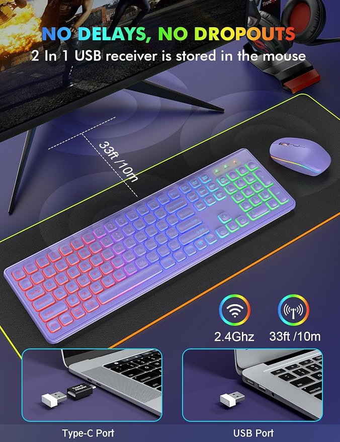 Wireless Keyboard and Mouse Combo with RGB Backlit, Rechargeable | Light Up Letters, Full-Size, Soft Typing, Sleep Mode, 2.4GHz Quiet Keyboard Set for Mac, Windows, Laptop, PC, Trueque KM42Pro - Image 4