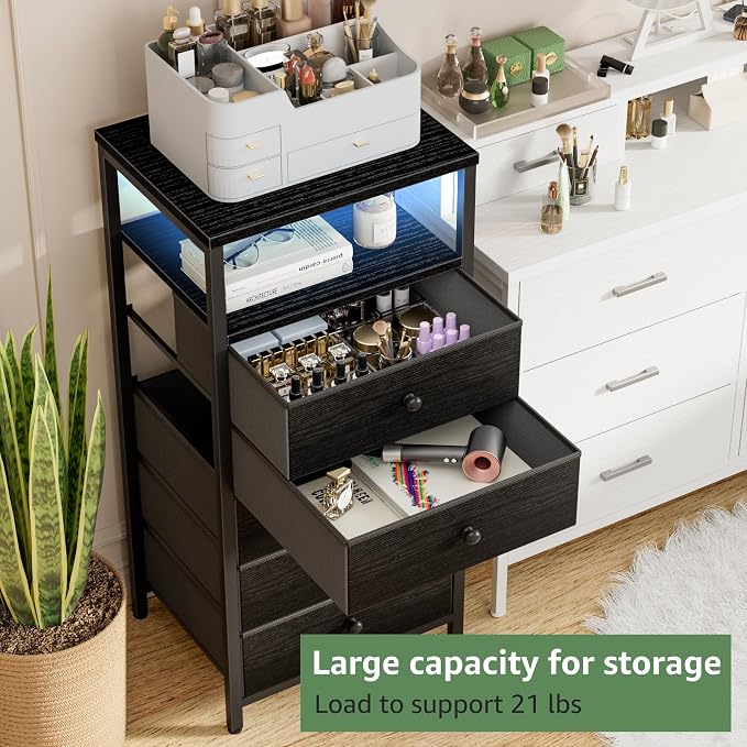 BOLUO Black Dresser with 5 Drawers Tall Nightstand with Charging Station and LED Light, Bedside Table Room Storage Drawers Closet - Image 4
