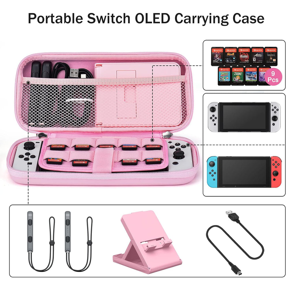 Younik Switch OLED Accessories Bundle, 17 in 1 Pink Switch Oled Accessories Kit for Girls Include Switch Carrying Case, Adjustable Stand, Protective Case for Switch Console & J-Con - Image 2