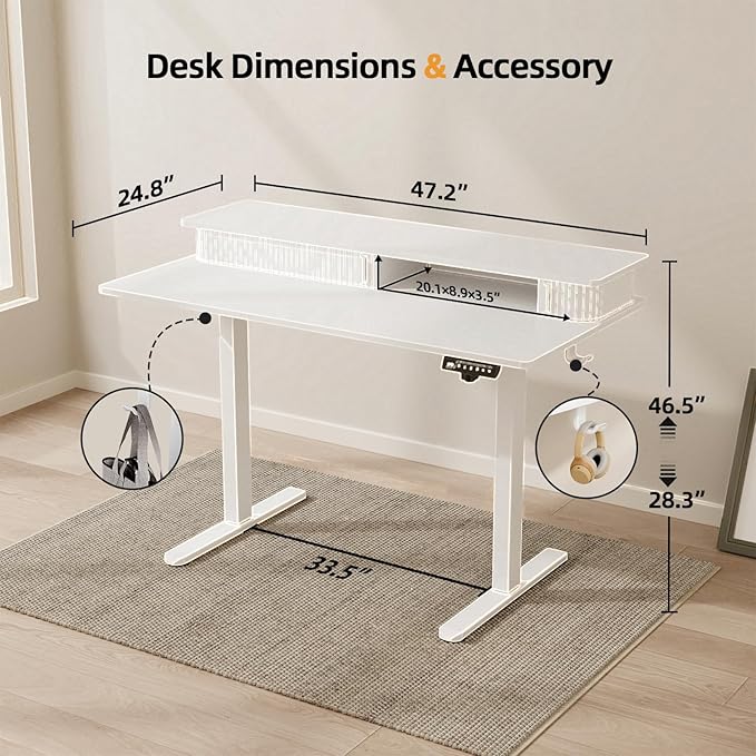 JOY worker 48" Electric Adjustable Standing Desk with Storage Monitor Stand | White Computer Desk Height Adjustable with Storage Shelves, Spacious Woskstation, Sit Stand Desk with 2 Hooks, Home Office - Image 3