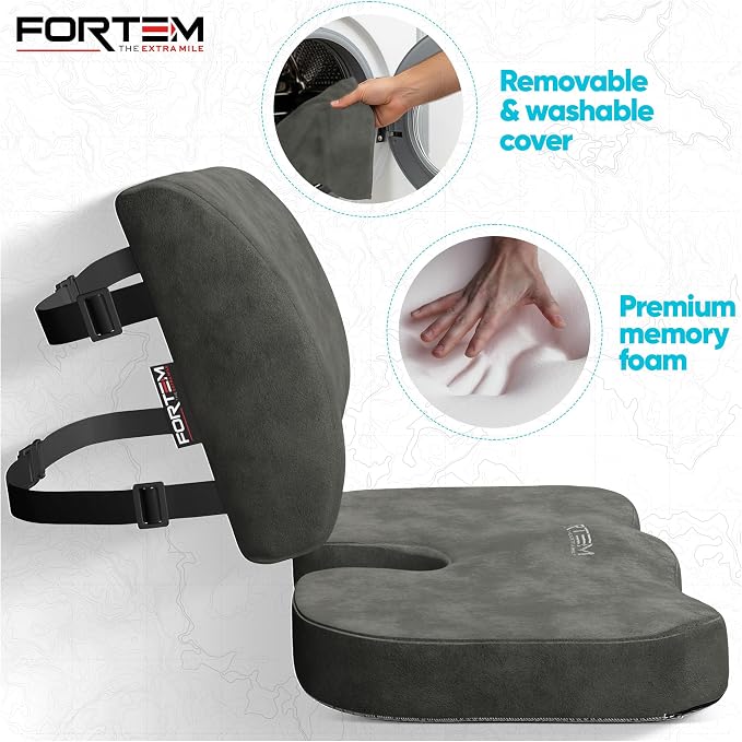 FORTEM Seat Cushion & Lumbar Support for Office Chair, Wheelchair, Car | Memory Foam | Ergonomic Design | Washable Cover | Non Slip | Dark Grey - Image 3