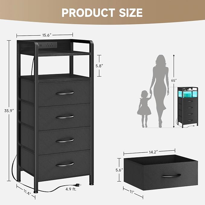 Lazzanto Nightstand with Rear Charging Station, LED Light, 4 Drawers, Black | Industrial Nightstand, 2 USB-A Ports & AC Outlets, Raised Back Guard, Fabric Storage Drawers, Bedside Table for Bedroom, Dorm - Image 3
