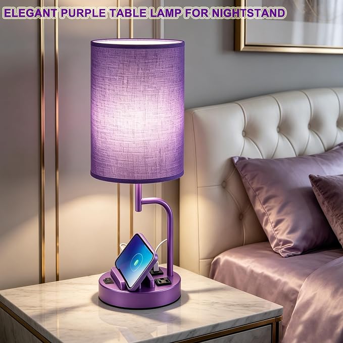 Dreamholder 2 Pack Table Lamp, Bedside Lamp with 3 USB Charging Ports & AC Outlet, USB Desk Lamp with 2 Phone Holders, Linen Fabric Shade Nightstand Lamps for Bedroom Living Room Office, Purple - Image 6