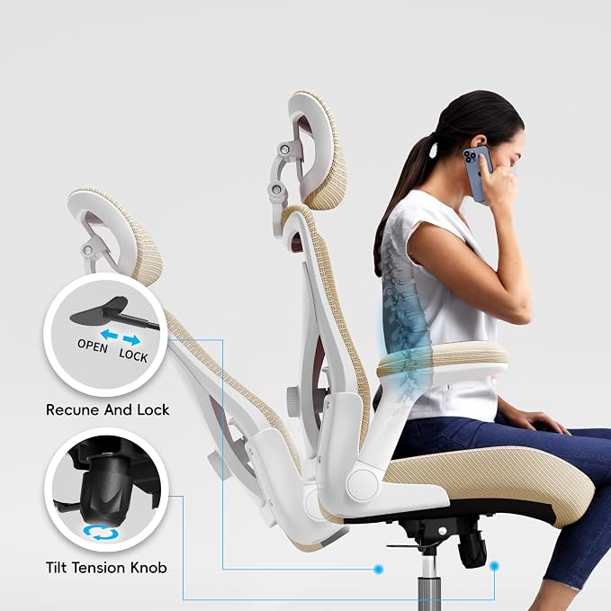Ergonomic Office Chair:Home Office Desk Chairs with Headrest Lumbar Support | Ergalithic Ergonomic Desk Chair X-Shaped Mesh PU Leather Executive Computer Chair High Back Flip-Up Arms for Long Hour(Khaki) - Image 7