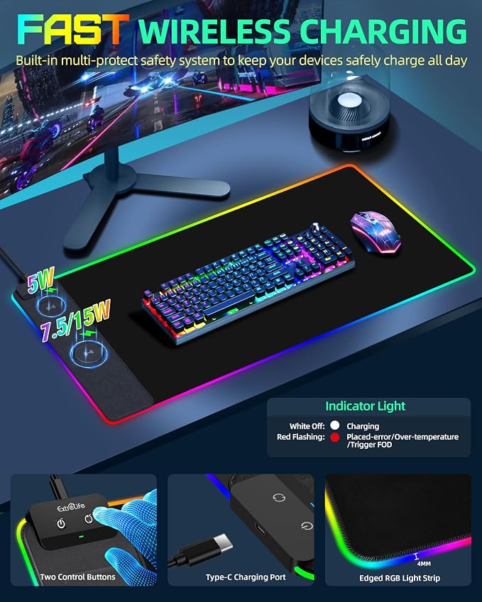Wireless Charging Mouse Pad, RGB Gaming Desk Mat, 31.5"x15.7" | Large Desk Pad, 13 Light Modes, Ultra-Smooth Surface, Non-Slip Base, Waterproof Computer Keyboard Mat for PC, Laptop, Black - Image 5