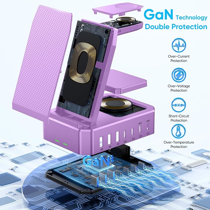 300W Charging Station for Multiple Devices Apple, Zutspzss 10 in 1 Wireless Charger for iPhone 16, GaN III USB C 65W PD Fast Charging Stand Dock for MacBook, Apple Watch&Airpods,Purple - Image 5