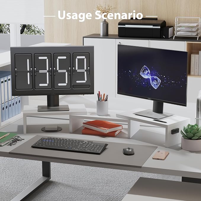 BONTEC Dual Monitor Stand Riser, Adjustable Length & Swivel Angle, White | Ergonomic Wooden Desktop Organizer with Smartphone Holder, Computer Monitor Stand for PC, Laptop, Printer and Large Storage - Image 8