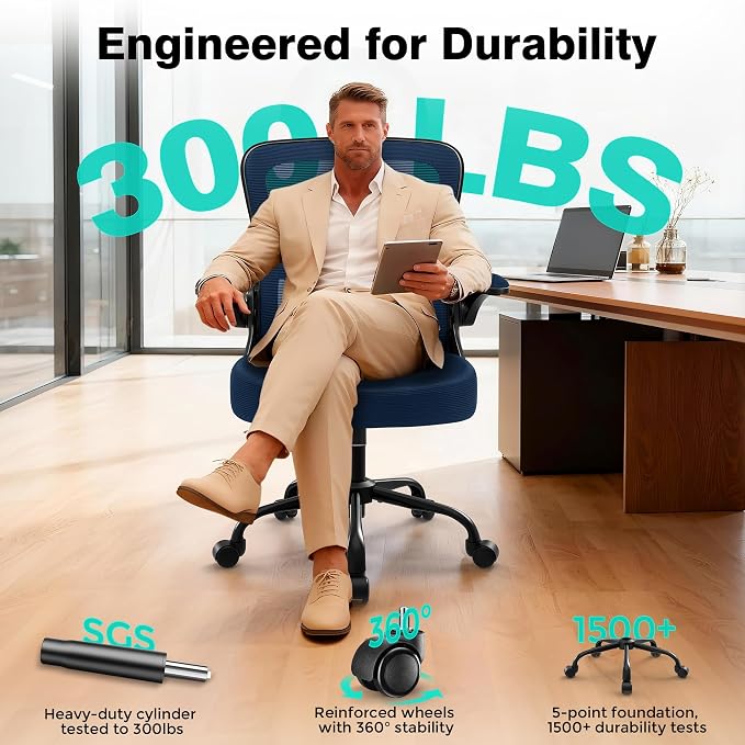 Office Chair - Ergonomic Breathable Mesh Desk Chair with Adjustable Lumbar Support and Flip-up Armrests - Executive High Back Rolling Swivel Comfortable Computer Gaming Chair for Home Office - Image 8