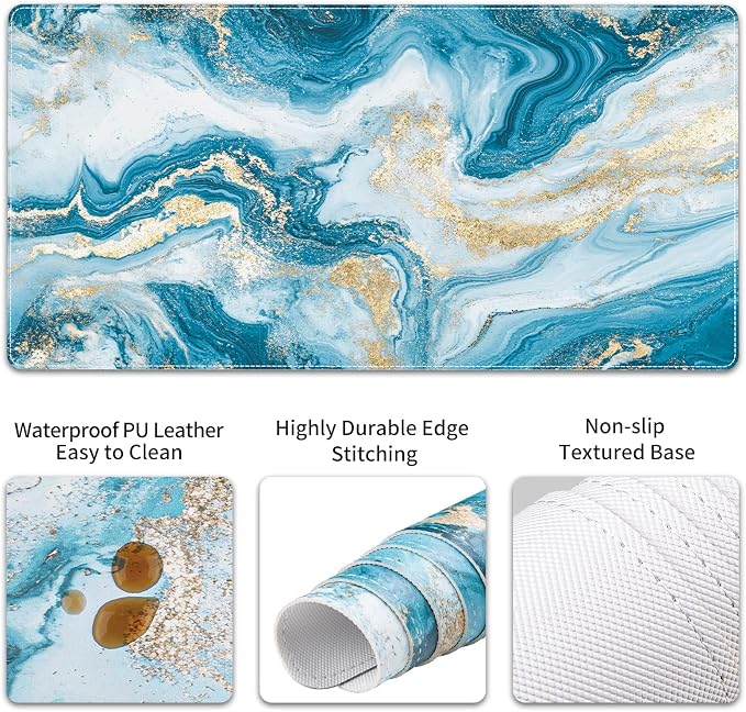 QIYI PU Leather Desk Mat Set, 4-in-1 Ergonomic Wrist Rest, Blue Fluid Art | Waterproof Large Mouse Pad 31.5×15.7 + Keyboard Wrist Rest + Mouse Wrist Support+Coaster, Non-Slip Office Gaming Accessories - Image 5