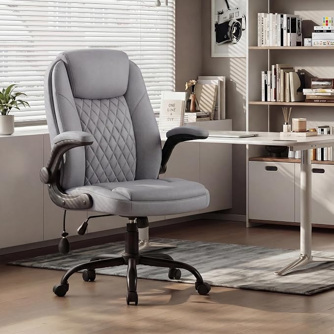 MALOL Leather Office Chair with Adjustable Lumbar Support Set of 2, Grey | Computer Desk Chair with Thick Cushion, Flip-Up Arms and Ergonomic Back, Comfy Executive Office Chair for Home Office Gaming by MALOL