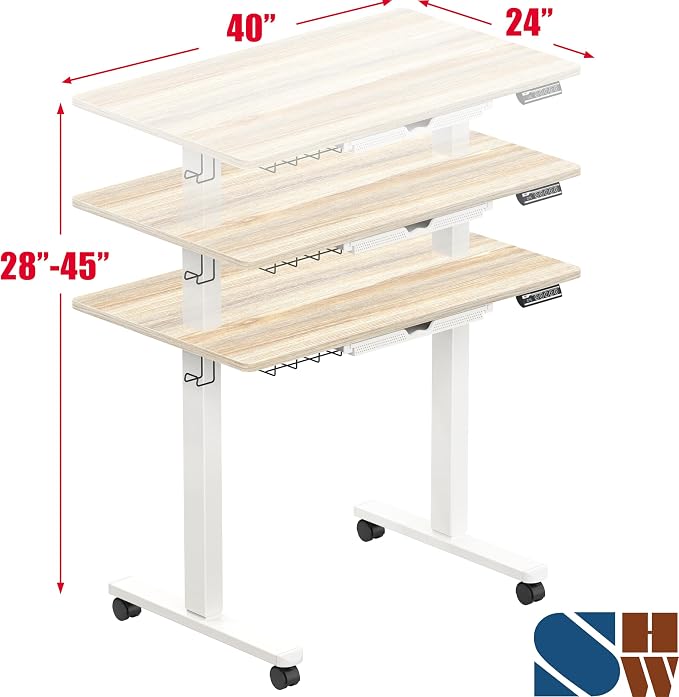 SHW Mobile Electric Height Adjustable Standing Desk w/Drawer, Maple | 40" Wide Top | w/ Memory Presets and Cable Management | Drawer with adjustable compartments | Hanging Hooks - Image 3