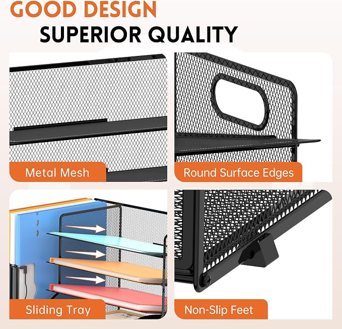 5-Tier Desk Organizer with File Holder & Pen Holder & Sliding Drawer, Black | Mesh Metal Paper Letter Tray for Papers, Mail, Office Supplies, and Desk Accessories - Image 5