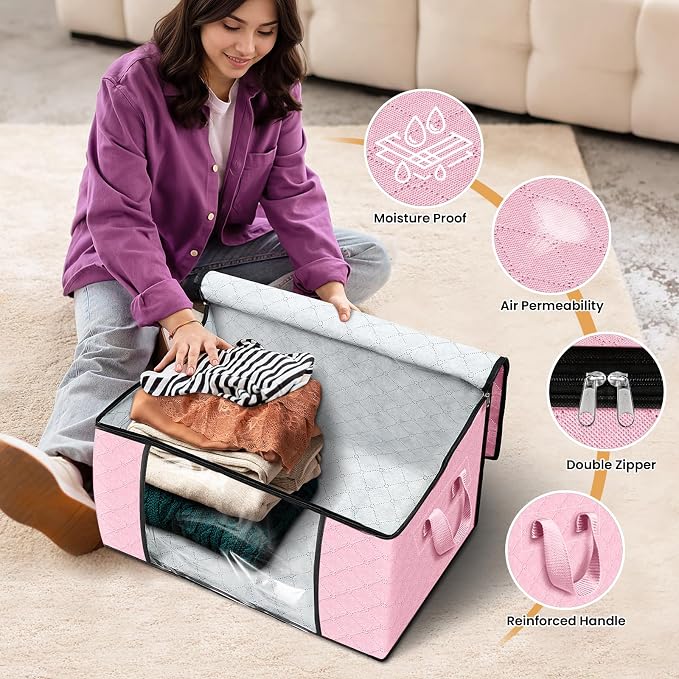 Fab totes 3 Pack Storage Bags for Clothes Blanket Storage Bins with Lids | Foldable Closet Organizers with Zippers,Window and Handles,Fabric Storage Bins for Sweater,Comforter,Bedding,Dorm essentials - Image 4